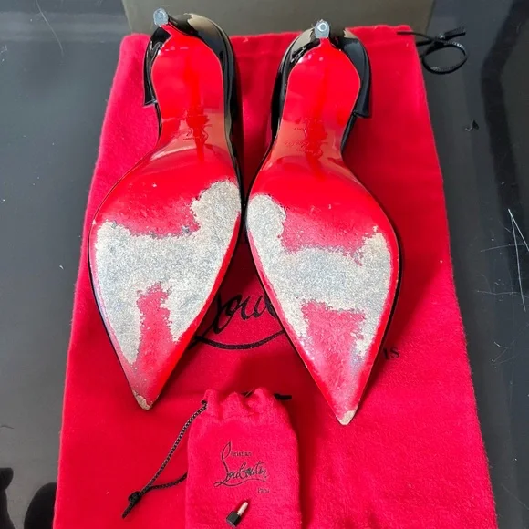 💯 Authentic CHRISTIAN LOUBOUTIN Iriza Patent Open-Side Red Sole Pump Black - Picture 7 of 10